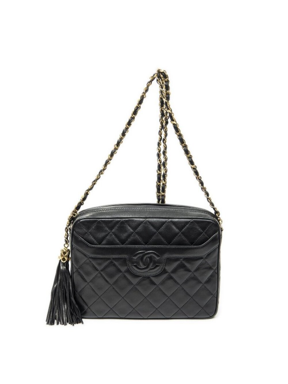 Chanel CC Tassel Camera Bag Black Quilted Lambskin Leather